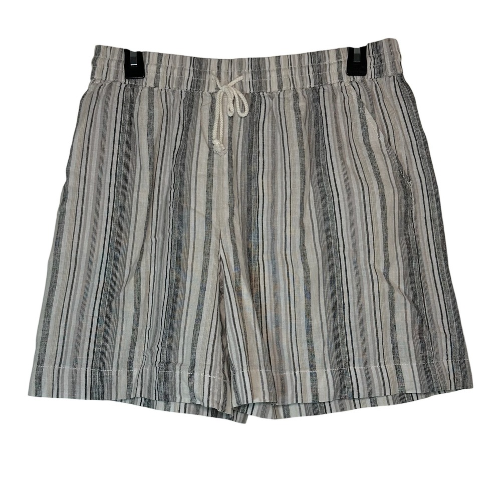 BeachLunchLounge Linen Blend Striped Drawstring Shorts‎ Gray White Small
